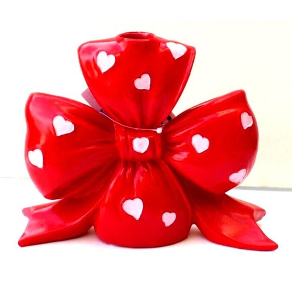 New Red / Pink Heart Bow Bowknot Bowtie Candlestick Holder Valentine’s Day - Picture 1 of 1